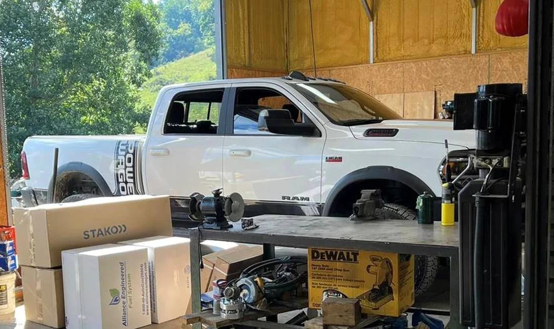 A Ram Power Wagon in the McElroy shop with Alliance Engineered propane conversion components ready for installation